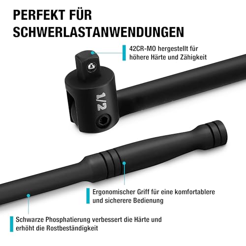 DURATECH 1/2\ Gelenkgriff 600 mm, Maximales Drehmoment 780 N·m, mit Flexiblem Kopf, Federbelastete Kugelkonstruktion, für Autoreparaturen und DIY, Schwarz
