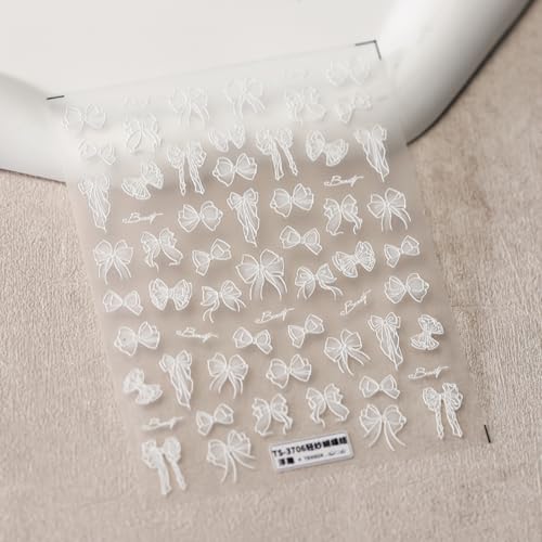 Image of 5D Embossed Bow Nail Stickers for Nail Art White Bow Kont Nail Art Stickers Self-Adhesive for Women Manicure Charms Supplies 1 Sheets