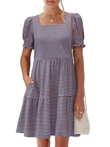 Image of ANRABESS Women Summer Square Neck Puff Short Sleeve Mini Dress 2026 Casual Flowy Sundress Beach Vacation Clothes with Pockets