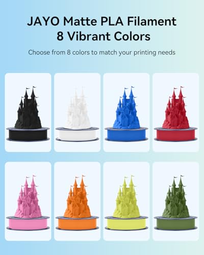 Image of JAYO Matte PLA 3D Printer Filament Bundle 2KG, PLA Matte Filament 1.75mm Bulk, 8 Pack 250g Spool Filament (Black, White, Blue, Red, Pink, Orange, Light Yellow, Olive Green)