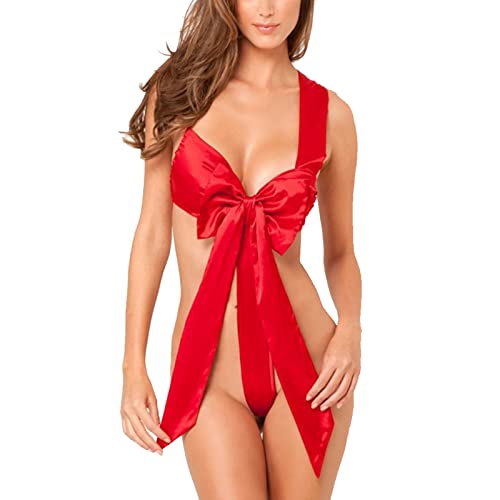 Burkashear Damen Valentinstag Einteilige Satin Negligee V-Ausschnitt Einstellbar Großer Bogen Lingerie Sexy Seidig Glatt Nachtwäsche Frauen Babydoll Teddy Bodysuit Bikini Dessous S-XXL (Rot,XL) Cover