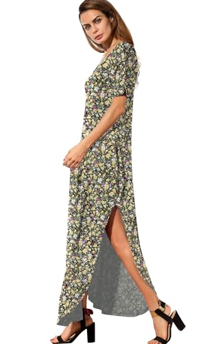 Image of GRECERELLE Women's Summer Maxi Dress Casual Loose V Neck Short Sleeve Side Split Long Dresses with Functional Pockets