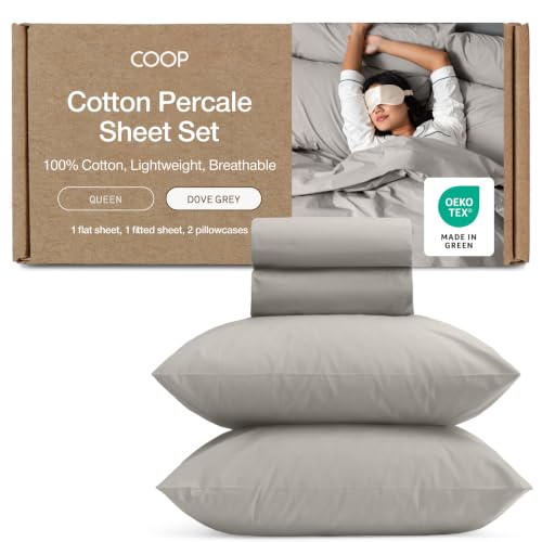 Image of Coop Home Goods Cotton Percale Bed Sheet Set Queen, Dove Grey, Crisp 100% Cotton Sheets for Hot Sleepers, Breathable Deep Pocket Queen Sheets and Pillowcase Set, Oeko-TEX Certified