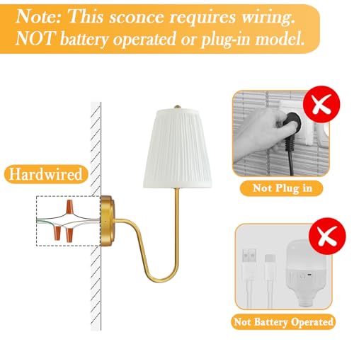 Image of Electro bp;Elegant Single Wall Sconces White Pleated Brocade Fabric Lamp Shades with Polished Gold Curved Metal Arm Covered Wall Light,E12,40W,Hardwired(Set of 2);