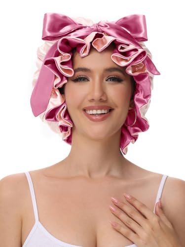 Vettres Bonnet for Sleeping, Satin Silk Hair Shower Cap Women 2026 Tie Band Adjustable Straps Head Wrap for Curly Hair Pink F — view 3