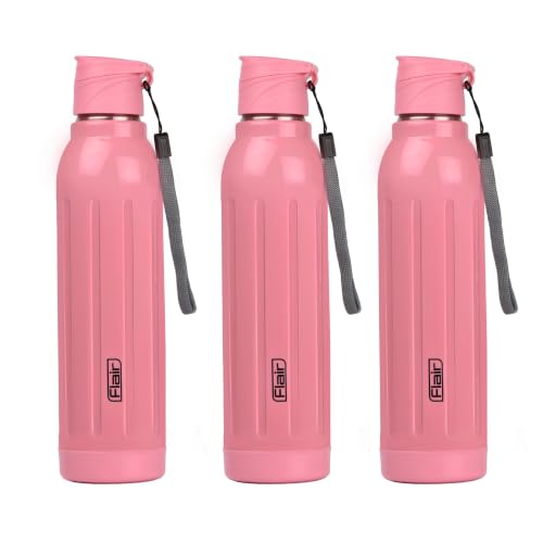 Image of FLAIR Arrow 900 Stainless Steel Water Bottle Set of 3 (650 ml Each), Pink, Hot & Cold, Leakproof, BPA-Free, ISI Certified, Stainless Steel Bottle for Office, Gym, Travel, Trekking & Outdoor Sports