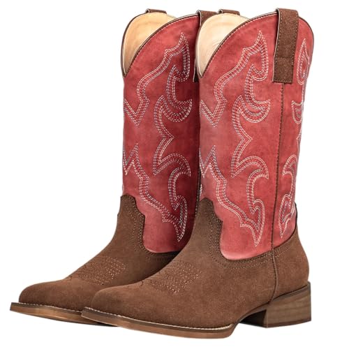 SheSole Square Toe Two-Tone Red Cowboy Boots for Women Green Cowgirl Western Riding Boots