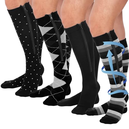 Image of Tarpop 4 Pairs Men Zipper Compression Socks Colorful 20-30mmhg Compression Stockings with Zipper for Men Women Swelling Edema
