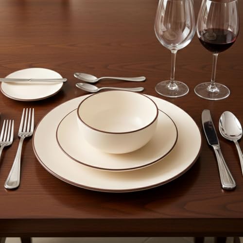 Image of Freakway Hand Painted Ceramic Dinner Set, 20 Pieces, Ivory White with Brown Rim, Stoneware, Microwave & Dishwasher Safe