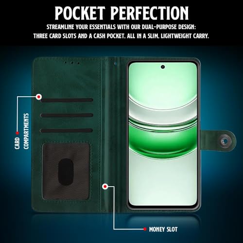 Image of WOW IMAGINE Shock Proof Flip Cover Back Case for Realme C75 | Realme C73 | Narzo 80 lite 5G | P3 Lite 5G (Magnetic Button Flip Case | Wallet Pockets & Stand | Leather Finish | (Forest Green)