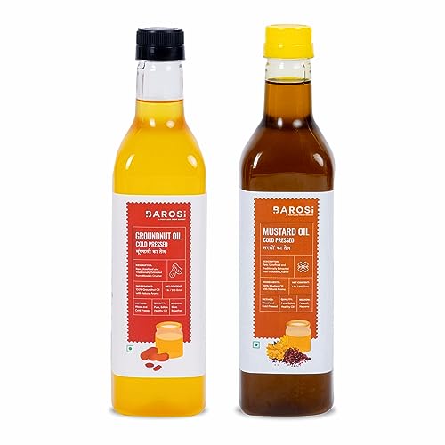 Image of Barosi Kachi Ghani Mustard Oil & Groundnut Oil Combo (1 Litre each) | Pure & Natural Cold Pressed Mustard Oil (Sarso Tel) & Ground nut Oil | Traditionally Extracted from Wooden Crusher | Pet Bottle