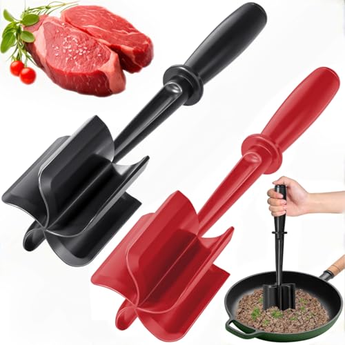 Hackfleisch Zerkleinerer 2er Pack Schwarz & Rot Kartoffelstampfer mit 5 Klingen Meat Chopper Fleischzartmacher Hitzebeständiges Küchenutensil Schont Antihaftpfannen & ideal für Rind Putenhack