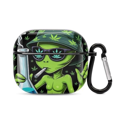 Case Cover Compatible with AirPods 3 Generation, Hard Shell Shockproof Case with Keychain Alien Smoking Weed Art Protective Cover Wireless/Wired Charging