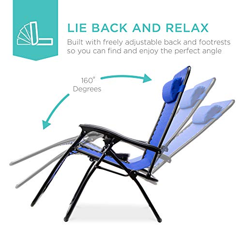 Best Choice Products Set Of 2 Adjustable Steel Mesh Zero Gravity Lounge Chair Recliners W/Pillows And Cup Holder Trays, Cobalt Blue #TOP1