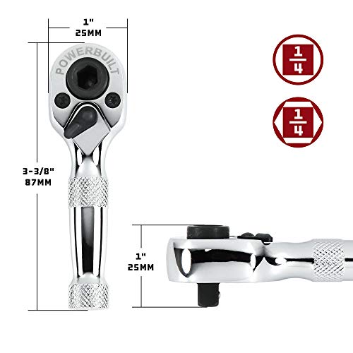 Powerbuilt Stubby Ratchet, Mini 1/4 Inch Ratchet Wrench, Reversible 72 Tooth, Tight Spaces, Quick Release - 940478 #TOP2