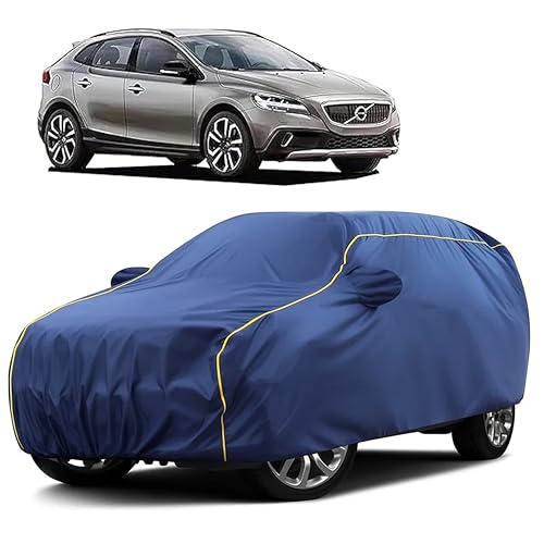 Image of Sulfar 100% Water Resistant Car Body Cover Compatible with Mirror for Volvo V40 (Triple Stitched, Full Bottom Elastic, Blue Taffeta with Yellow Piping)