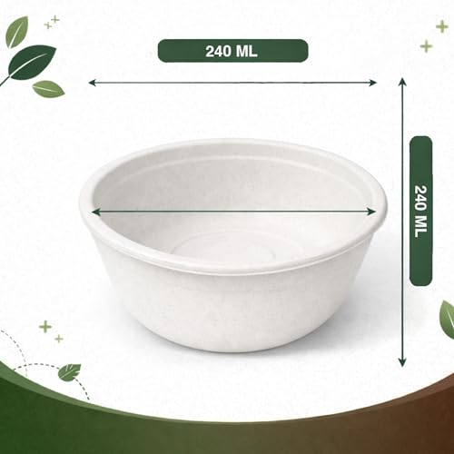 Image of Eco Aaroyaa Disposable Bagasse Bowls - 240 ML - Pack of 50 Biodegradable Disposable Bowls - Eco-Friendly Dip, Sauce, Chutney & Dessert Cups - Leak-Resistant Small Serving Bowl (Pack of 50)