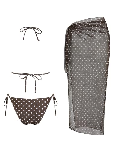 Image of ZAFUL Women's 3 Piece Swimsuit Floral Halter Triangle String Bikini Tie Side Bottom with Boho Cover Up Skirt