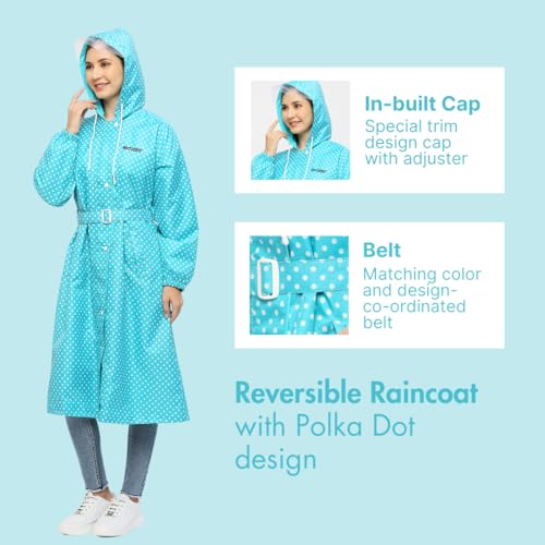 Image of Citizen Polyester Reversible Casual Style Raincoat For Women With Inbuilt Hood,Waist Belt & Matching Carry Pouch|Stylish Polka Dot Design|Durable & Lightweight Rainsuit With High Tearing Strength