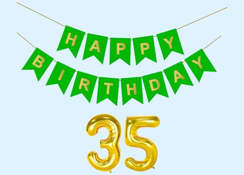 Image of 35th Happy Birthday Decoration Kit Green for 35 year Old Boys Girls Men Women with Number Thirty-fiveParty Decorations Decor Celebration Items Item Set Combo Reusable Paper Banner