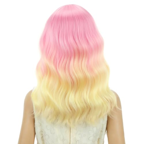 Image of PATTNIUM Girls Pink Ombre Yellow Wig with Bangs Kids Short Wavy Curly Wig Pink and Yellow Bob Wigs Synthetic Halloween Costume Cosplay Party Wigs