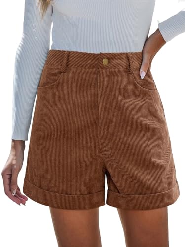 CUPSHE Damen Cord Short High Waist Lässig mit Umschlagsaum Knopfverschluss und Taschen Braun S