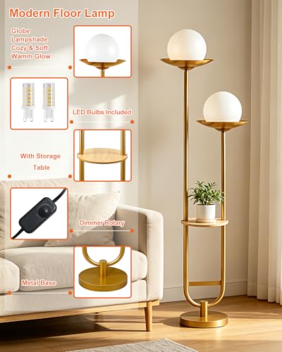 Image of 63IN Globe Floor Lamp with Shelf 2-Lights Modern Dimmable Floor Lamps with 3000K Soft Warm White Bulbs for Wedding /Party, Gold Tall Standing Lamp for Living Room /Bedroom /Home Office