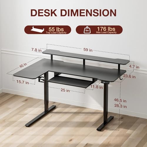 Image of Acrolix 59 Inch L Shaped Standing Desk with Shelves and Keyboard, Electric Corner Standing Desk Adjustable Height, Sit Stand Computer Table with Reversiable Splice Board,Black Carbon