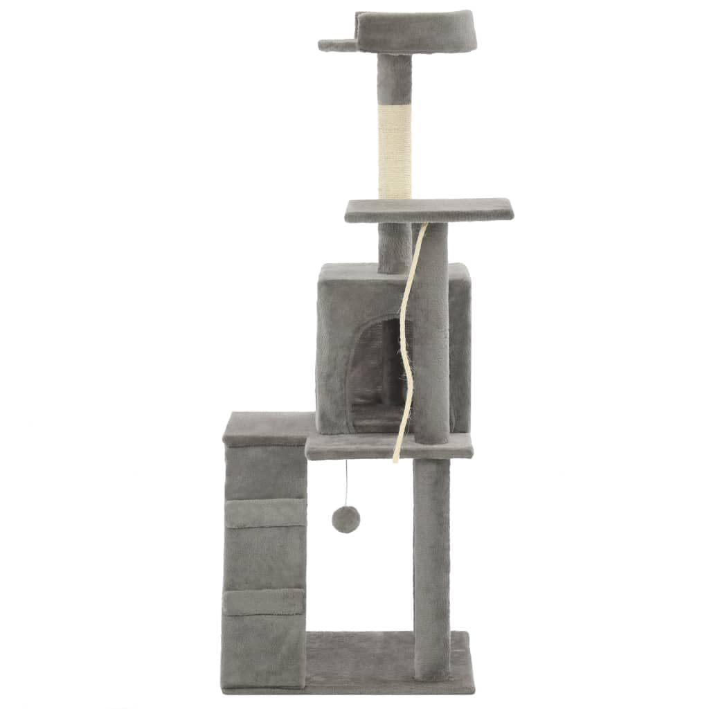 Kratzbaum 120 cm Katzenbaum mitSisalsäulen und Spielhaus Grau | Stabiler Kletterbaum fürs Wohnzimmer mitAussichtsplattform, kuscheliger Höhle, Spielseil und Rampe für Katzen.