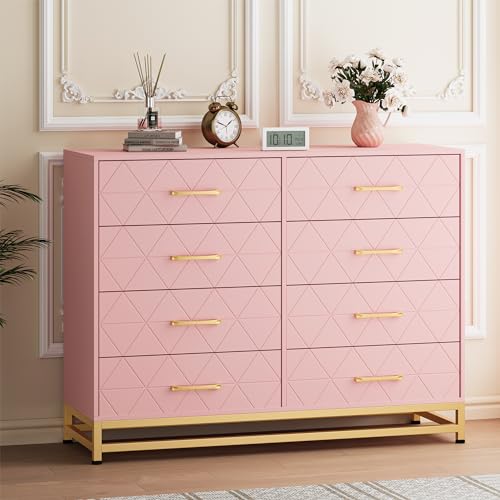 GarveeHome Dresser for Bedroom with 8 Drawer, TV Stand Dressers Chest of Drawers Large Wood Dresser for Storage and Organization (Pink)