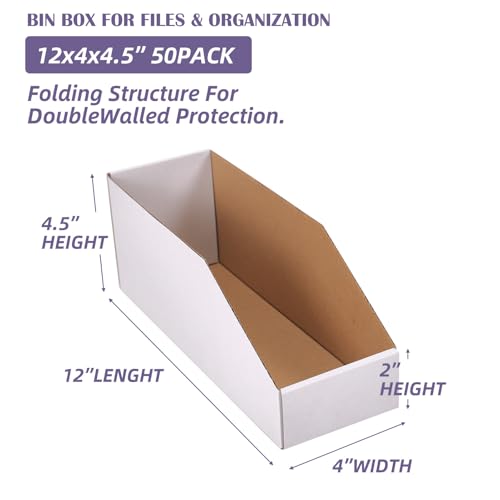 Image of EXYGLO Cardboard Storage Bins 50 Pack, 12x4x4.5 Inch Cardboard Boxes, Corrugated Organizer Bins for Pantry, Shelves, Garage, Office, Shop, White