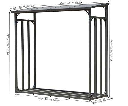 Metal Firewood Rack Outdoor with Cover 4.7 x 2.3 x 4.7 feet Anthracite | Heavy Duty Logs Holder | Fireplace Wood Storage Rack with Weather Protection half Cord