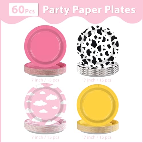 Image of 60Pcs Toy Paper Plates 7 inch Pink Yellow Cow Cloud Heavy Duty Paper Plates | Toy Cartoon Theme Disposable Dessert Cake Platters for Girls Baby Shower Birthday Party Supplies