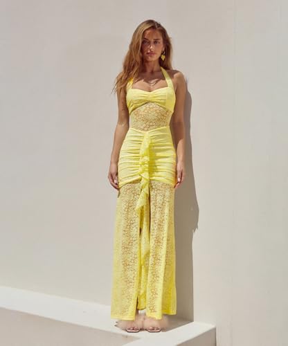 Image of ABINGOO Womens Sexy Halter Backless Maxi Dress Lace Ruched High Slit Summer Dresses Party Cocktail Prom Long Dress