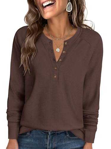 Image of ANRABESS Women's Waffle Knit Henley Top Long Sleeve Shirts