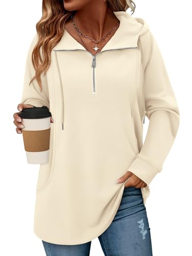 onlypuff Women Hoodie Pullover Trendy Quarter Zipper Lapel Sweatshirts Drawstring Cute Hooded Tunic Tops with Side Pockets