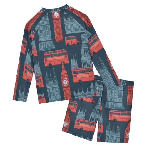 London Big Ben and Bus Boys Swimsuit Rash Guard Toddler Kids Long Sleeve Swim Shirt and Trunks Swimwear Set 3-10Y2