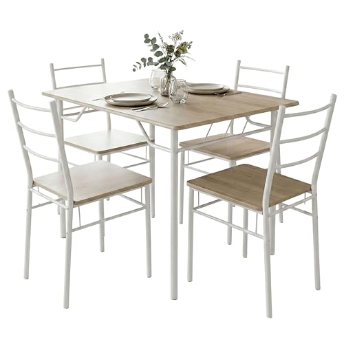 Miroytengo Juego de Mesa y 4 Sillas Cocina, Conjunto de Cocina Comedor, Melamina Color Blanco y Roble Sonoma