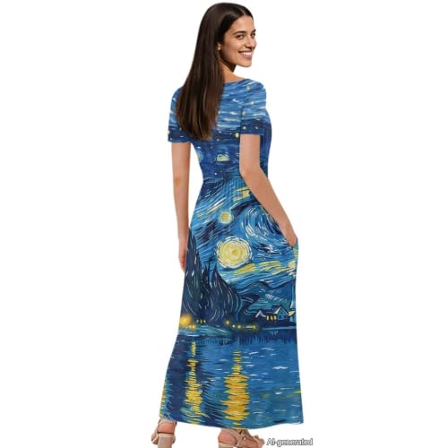 Image of Women's Fall Summer Short Sleeve Ankle Length V-Neck Party Dress with Pockets Size S-3XL