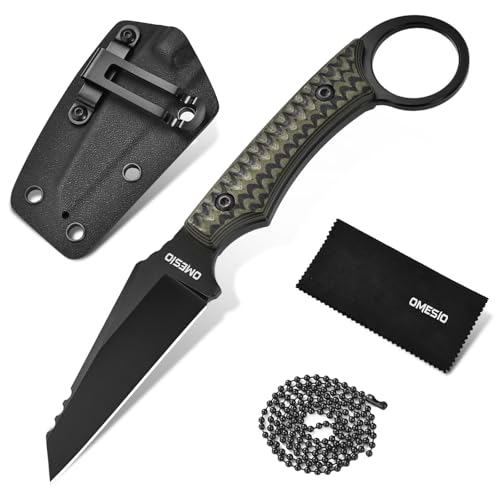 Omesio Neck Knife, 8,5 cm D2 Stahl Reverse Tanto Klinge Aus,Cuchillo EDC Para Exteriores Con Espiga Completa, Mango G10 y Funda Kydex,Clip y Cadena De Bolas- Cuchillo De Supervivencia Compacto.