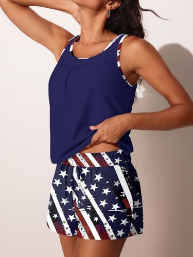 Image of Summer Mae Blouson Women's Tankini Swimsuits Tummy Control Modest 2025 Two Piece with Sporty Pockets Bathing Suits Simple Stars and Stripes XX-Large