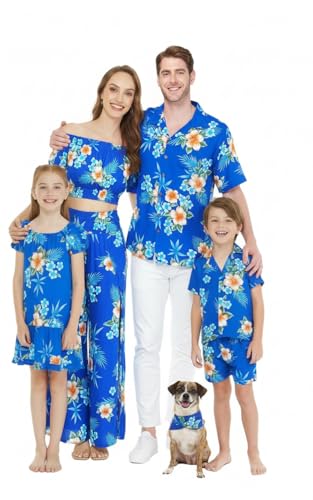 Image of Matchable Family Hawaiian Luau Men Women Girl Boy Clothes in Hibiscus Blue