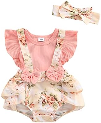 DBZoo Infant Baby Girl Rompers Dress Ruffle Floral Jumpsuits Summer Overalls Shorts Ribbed Clothes Headband (Pink-2,6-9 Months)