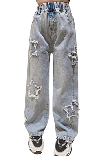 Kids Jeans Distressed Elastic Waist Baggy Wide Leg Pants Girls Star Embroidered Baggy Jeans Trousers Denim Pants