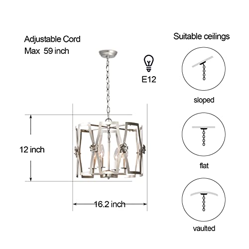 Brushed Nickel Chandeliers For Dining Room, 4-Light Modern Drum Round French Floral Cage Silver Chrome Pendant Light Hanging Ceiling Light Fixtures Kitchen Island Bedroom Bathroom Foyer Living Room #TOP5