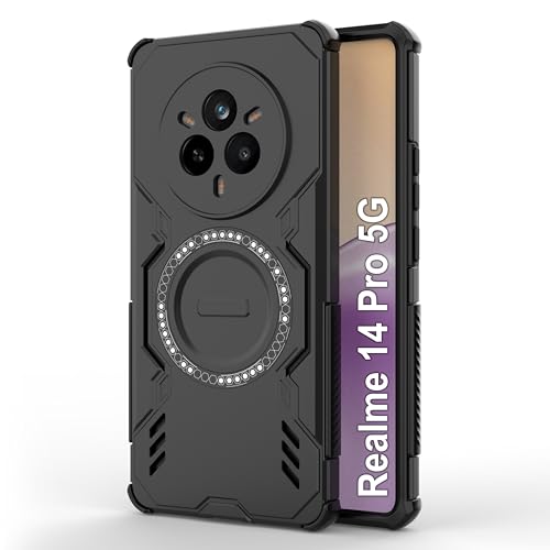 Image of amazon basics Back Case Cover for Realme 14 Pro 5G | MagSafe Case with Built-in Metal Ring | Supports MagSafe Charger, Wallet & Car Mount | Shockproof Hybrid PC + TPU | Black
