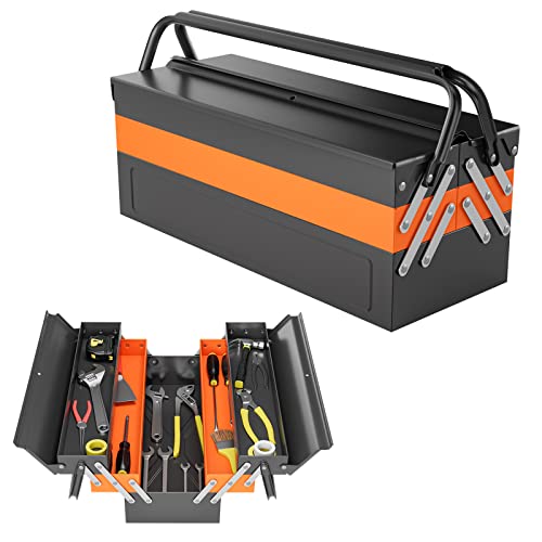 HAPPYGRILL Portable Metal Tool Box, 20-Inch 5-Tray Steel Tool Chest Cabinet with Convenient Handle, 3-Level Fold Out Storage Chest for Repair Shop Household Garage