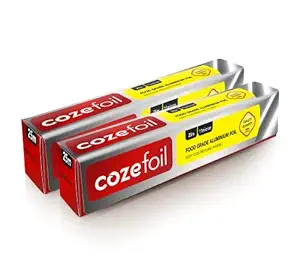 Coze Aluminium Foil (length 25 metres) | Pack of 2 Rolls | 100% Oven & Grilling safe up to 220 degreeC | Non-stick & greaseproof | 100% food safe, FDA Approved | Aluminium Foil for Food Packing