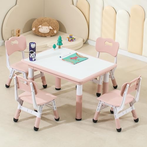Kids-Table-and-Chairs-Height-Adjustable-Toddler-Table-and-Chair-Set-with-315Lx236W-Graffiti-Desktop-Table-Chair-for-Ages-3-8-Childrens-Table-and-Chair-Set-for-Daycare-with-4-Chairs-Pink Kids Table and Chairs Height Adjustable Toddler Table and Chair Set with 315Lx236W Graffiti Desktop Table Chair for Ages 3 8 Childrens Table and Chair Set for Daycare with 4 Chairs Pink