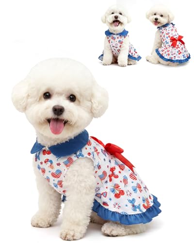 Image of CuteBone 4th of July Pet Dress with Peter Pan Collar - Patriotic USA Flag Pattern - Sleeveless Ruffled Skirt with Bow for Small Dogs, Cats - Festive & Daily Wear